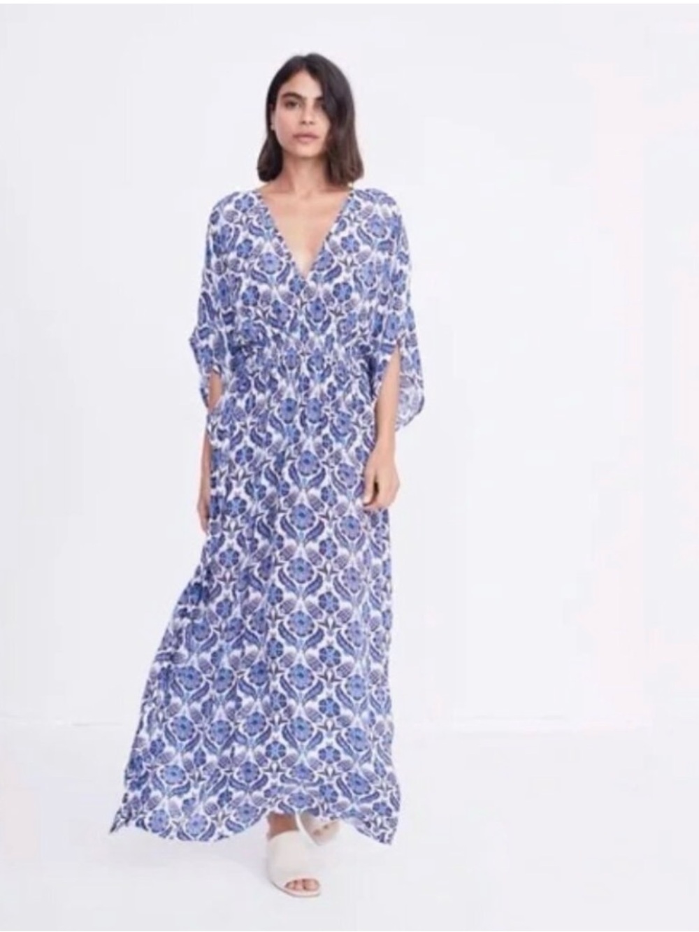 Rujuta Sheth Dress Marie Cinch Kaftan Blue Lotus Print Maxi Anthropologie M/L
